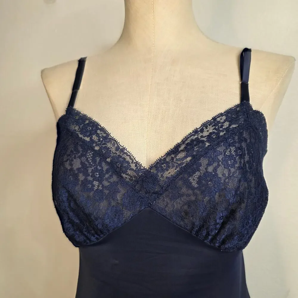 Vintage Navy Sheer Lace Slip Dress Midi Lingerie Dark Coquette Romantic - Picture 3 of 8